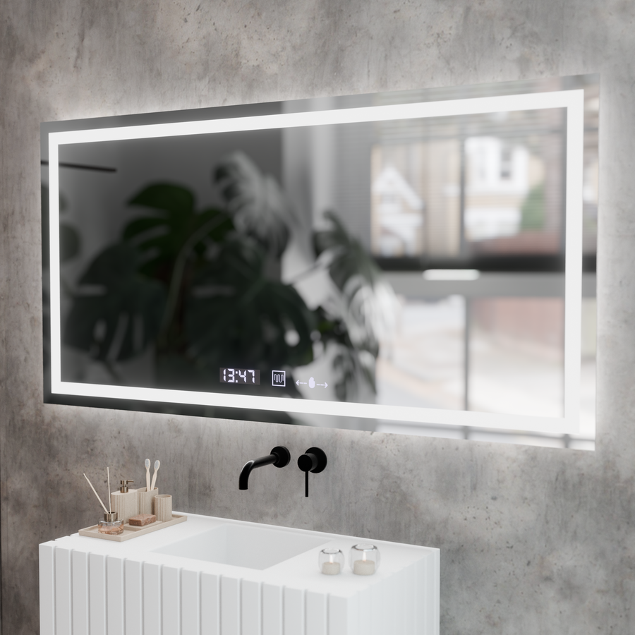 Négyszögletű LED-es tükör, 120x60 cm, Verite MotionGlow Marcello, páramentesítő rendszer, óra és hőmérő, szabályozható tükrök Marcello alapértelmezett cím Alessandro Design