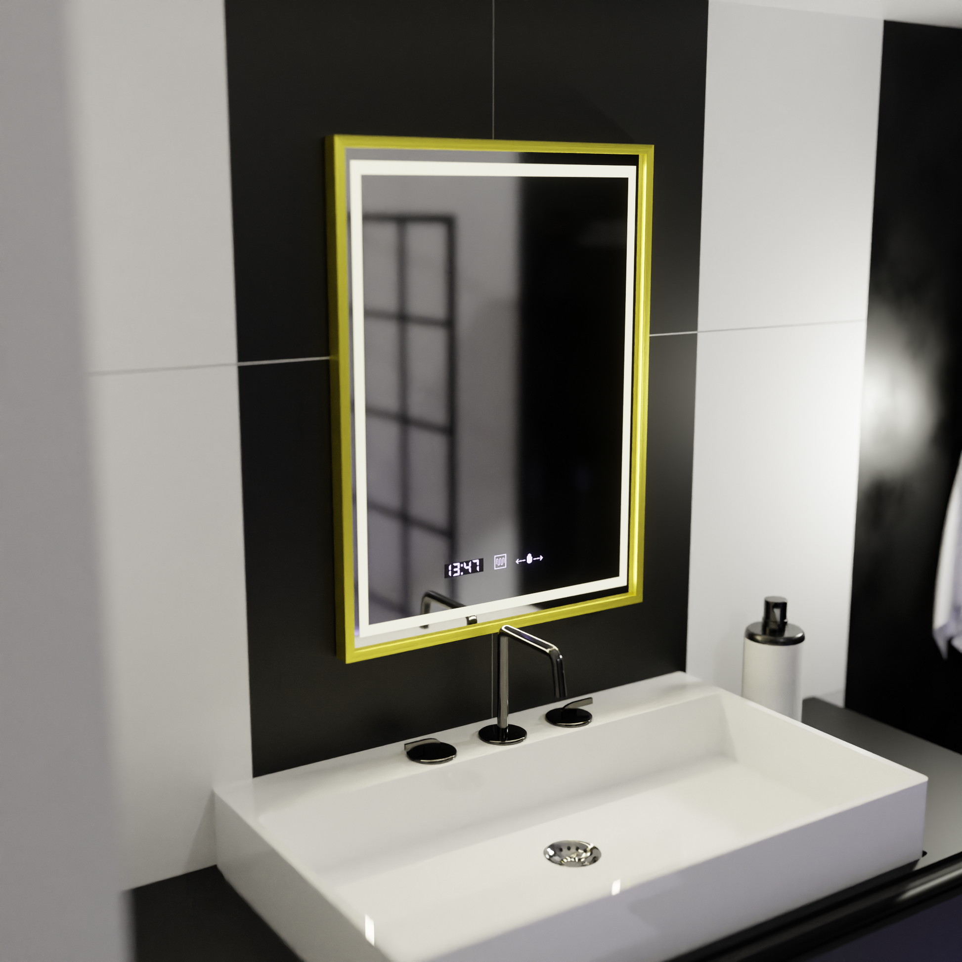 Négyszögletű LED-es tükör, 50x70 cm, Verite Royale Gold Motion Glow Marcello, páramentesítő rendszer, óra és hőmérő, szabályozható tükrök Marcello alapértelmezett cím Alessandro Design