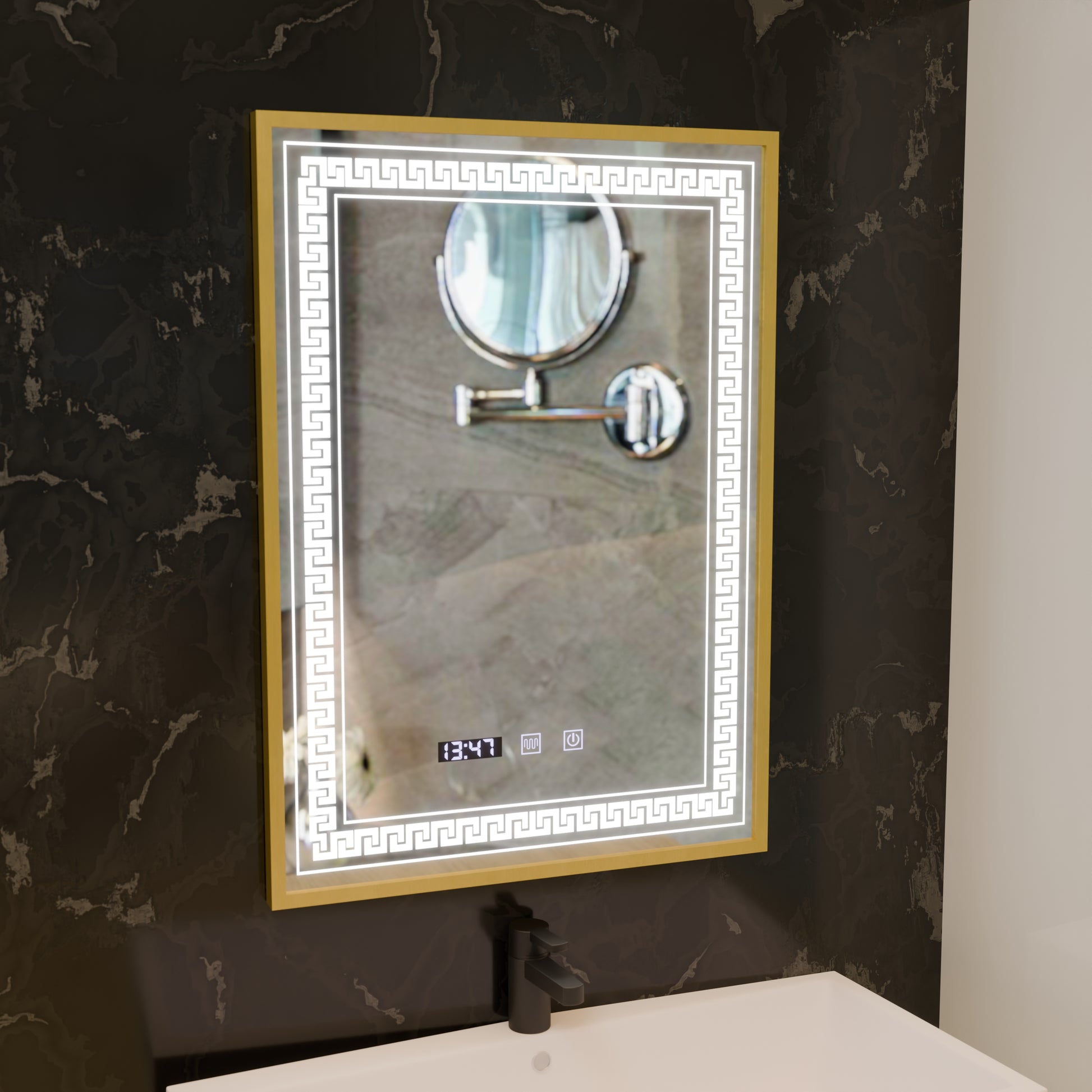 Mirror LED Touch Bruno páramentesítő rendszer, óra és hőmérséklet 60x80 cm szálcsiszolt arany keret, S84/60X80 tükrök Korman S alapértelmezett cím Alessandro Design