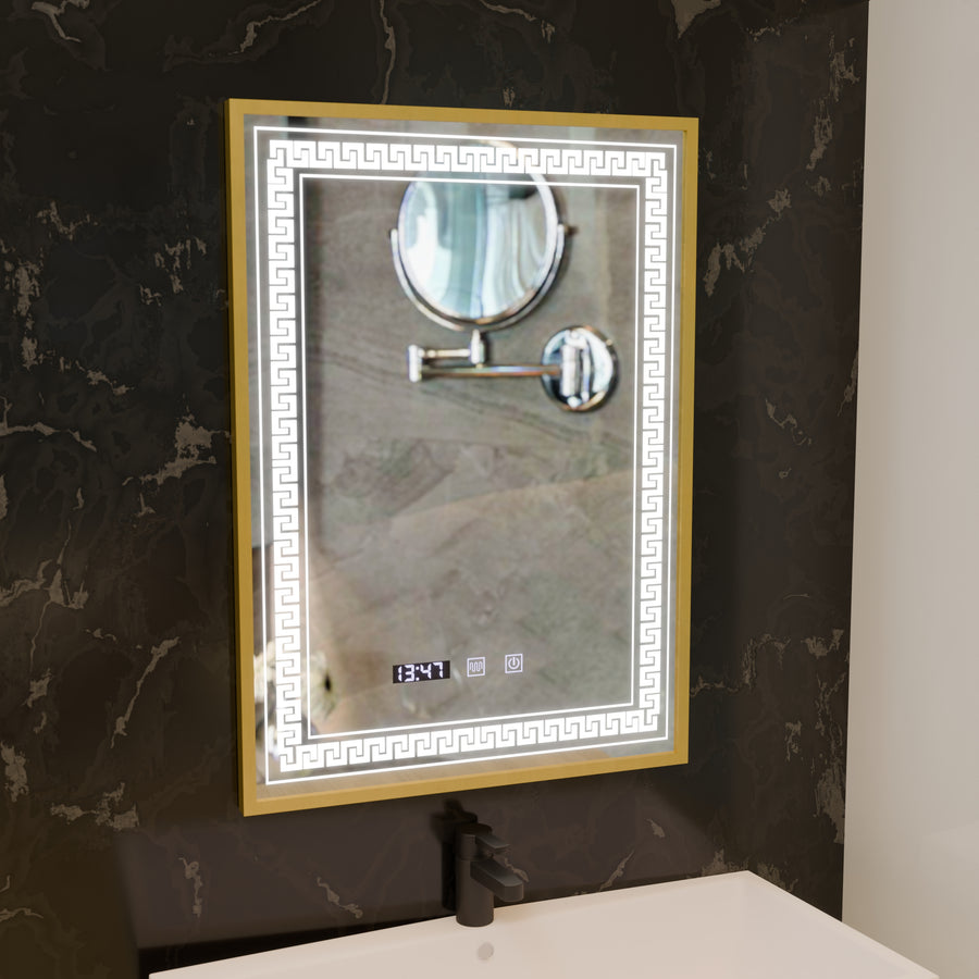 Mirror LED Touch Bruno páramentesítő rendszer, óra és hőmérséklet 60x80 cm szálcsiszolt arany keret, S84/60X80 tükrök Korman S alapértelmezett cím Alessandro Design