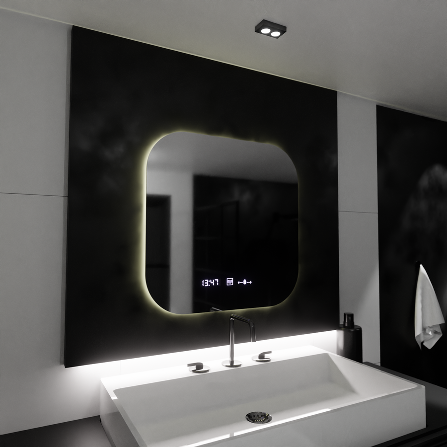 Négyszögletű LED-es tükör 60x60 Aura Riflesso Puro MotionGlow Marcello, Páramentesítő rendszer, hőmérő és óra, szabályozható tükrök Marcello Alapértelmezett cím Alessandro Design