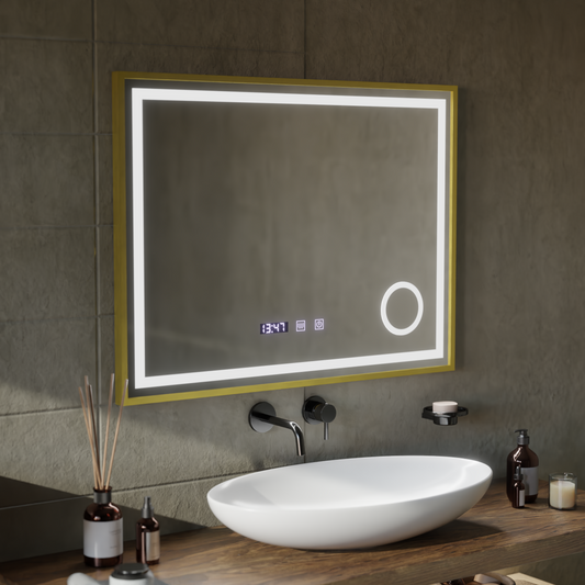 LED érintőképernyős CLARUS tükör páramentesítő rendszer, óra és hőmérséklet 80x60 cm arany keretben csiszolt kozmetikai nagyító tükrök Korman S alapértelmezett cím Alessandro Design