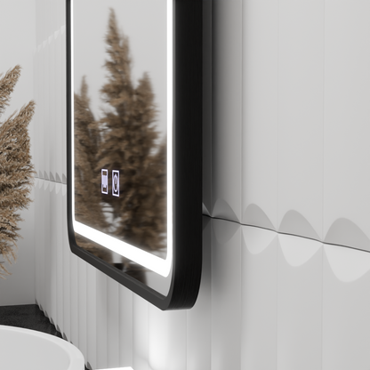 Négyszögletű LED-es tükör 90x75cm EDGE Touch páramentesítő rendszer, fekete keretű tükrök Korman E alapértelmezett cím Alessandro Design