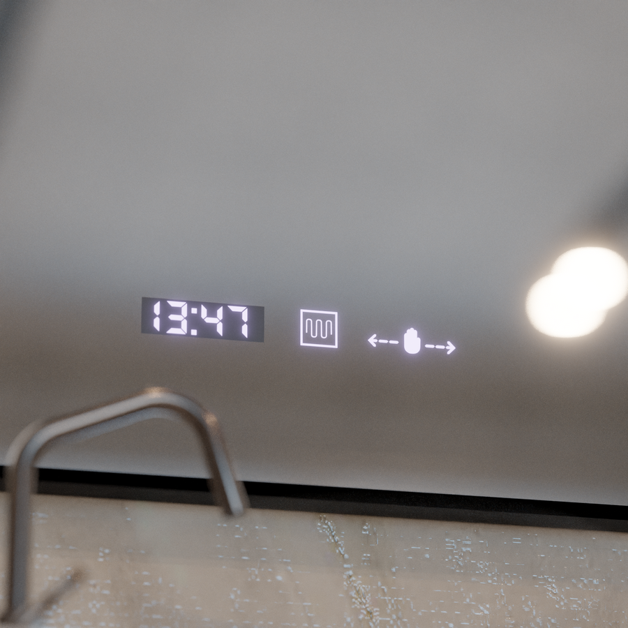 LED-es tükör MotionGlow Sofia érzékelő páramentesítő funkcióval Hőmérő óra 110x75 cm szabályozható meleg/hideg/semleges fény, szálcsiszolt fekete keret, Marcello Funghi kollekció Marcello tükrök alapértelmezett cím Alessandro Design