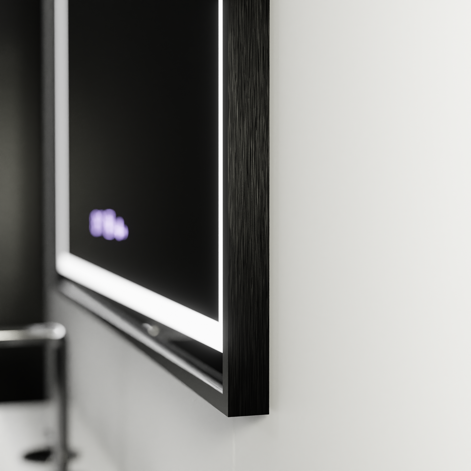 Négyszögletű LED-es tükör, 120x80 cm, Verite Majeste Noir Motion Glow Marcello, páramentesítő rendszer, óra és hőmérő, szabályozható tükrök Marcello alapértelmezett cím Alessandro Design