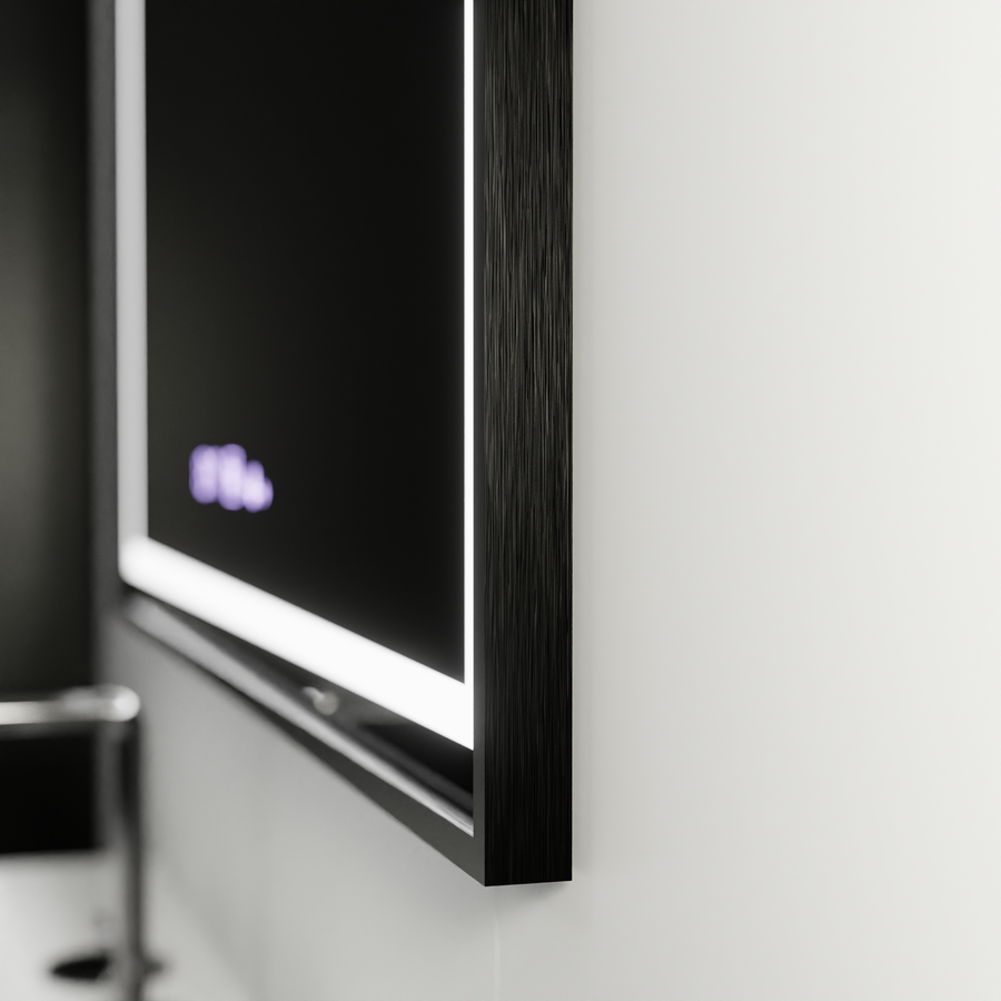 Négyszögletű LED-es tükör, 120x80 cm, Verite Majeste Noir Motion Glow Marcello, páramentesítő rendszer, óra és hőmérő, szabályozható tükrök Marcello alapértelmezett cím Alessandro Design