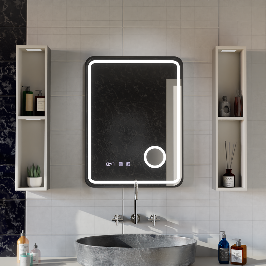 Ulrich LED Touch Mirror páramentesítő rendszer, óra és hőmérséklet 75x90 cm fekete keret szálcsiszolt kozmetikai nagyító tükrök Korman S alapértelmezett cím Alessandro Design