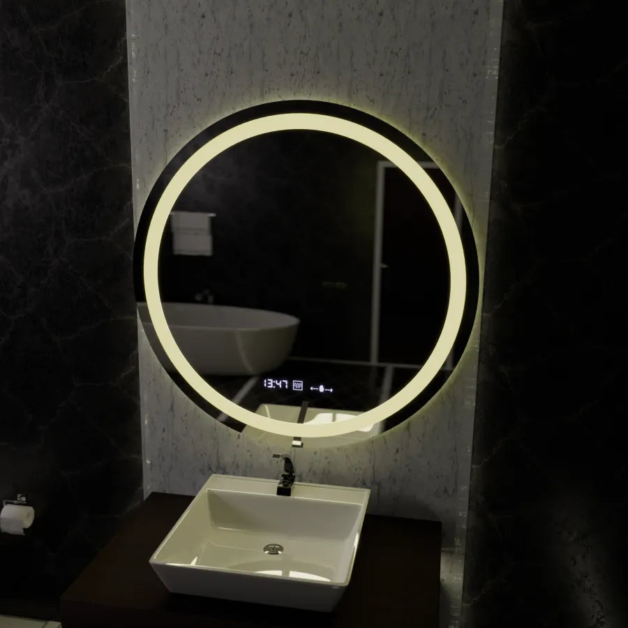 LED-es kerek tükör, 100 cm, Celeste MotionGlow Marcello, páramentesítő rendszer, óra és hőmérő, Dimabila tükör Marcello alapértelmezett cím Alessandro Design