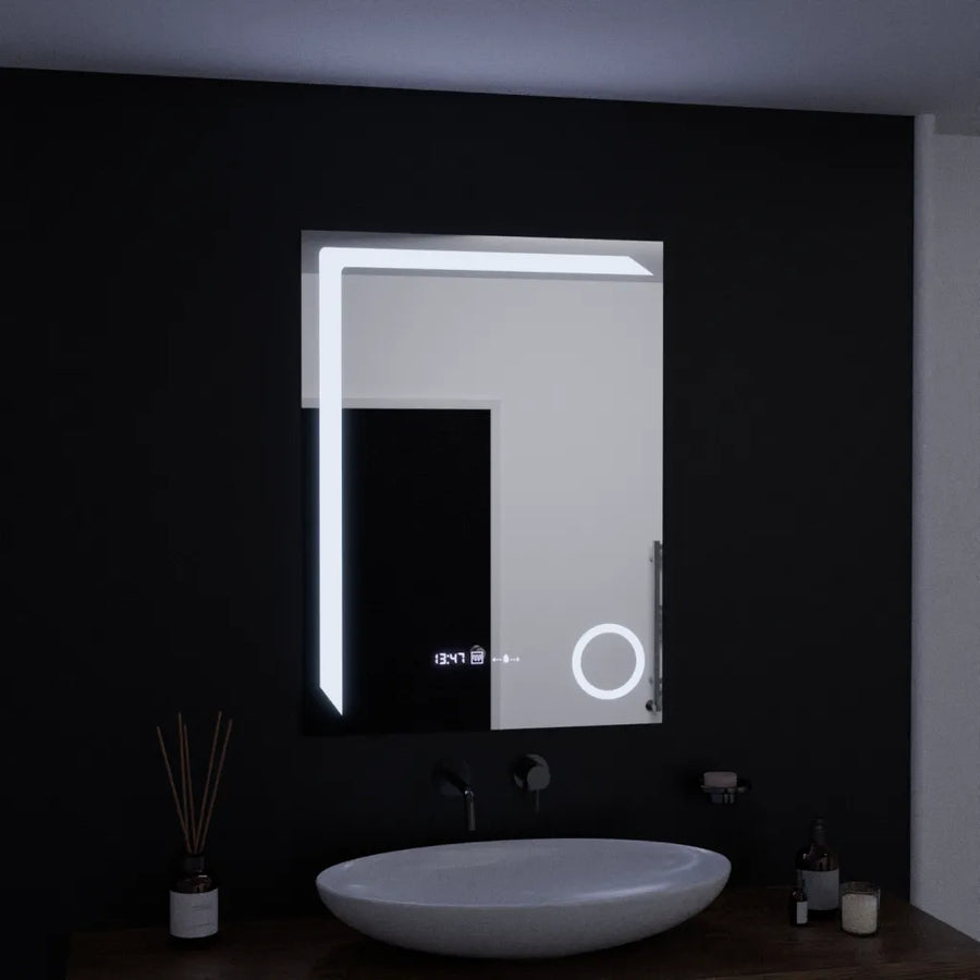 Négyszögletű LED-es tükör, 60x80 cm, Precision MotionGlow Marcello, páramentesítő rendszer, óra és hőmérő, kozmetikai nagyító, szabályozható tükrök Marcello alapértelmezett cím Alessandro Design
