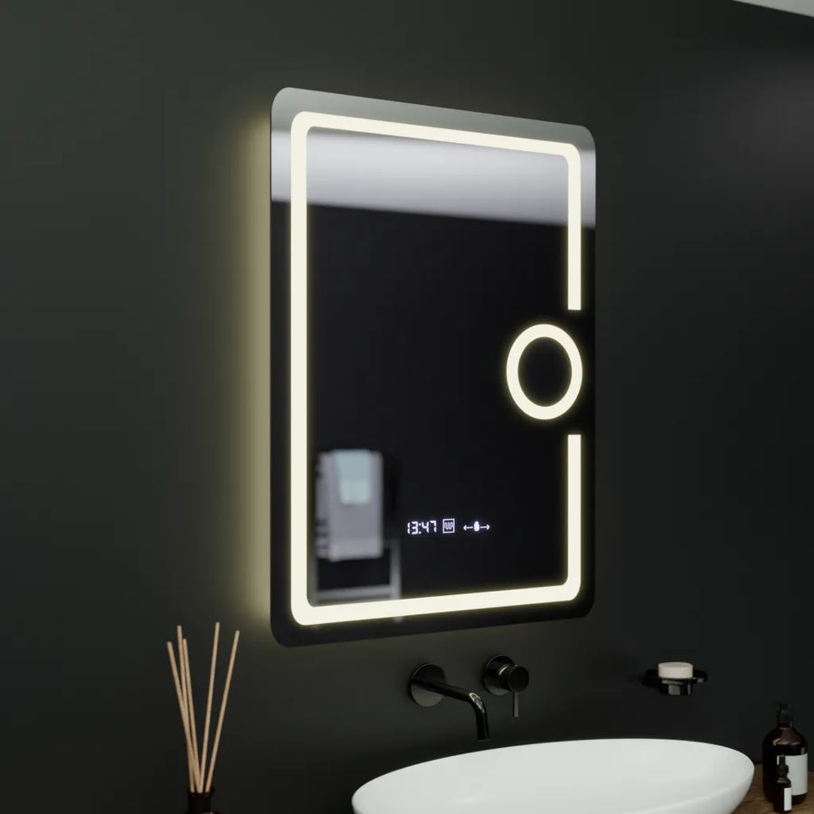Négyszögletű LED-es tükör, 60x80 cm, Eclat MotionGlow Marcello, óra és hőmérő, páramentesítő rendszer, kozmetikai nagyító, Dimabila tükrök Marcello alapértelmezett cím Alessandro Design