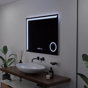 Négyszögletű LED-es tükör, 80x60 cm, Precision MotionGlow Marcello, páramentesítő rendszer, óra és hőmérő, kozmetikai nagyító, szabályozható Marcello tükrök alapértelmezett cím Alessandro Design