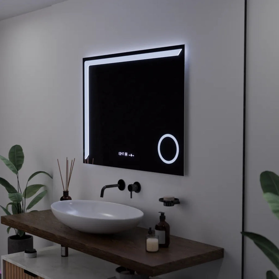 Négyszögletű LED-es tükör, 80x60 cm, Precision MotionGlow Marcello, páramentesítő rendszer, óra és hőmérő, kozmetikai nagyító, szabályozható Marcello tükrök alapértelmezett cím Alessandro Design