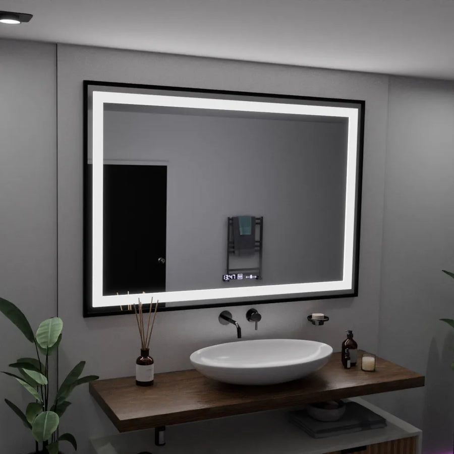 Négyszögletű LED-es tükör, 100x65 cm, Verite Majeste Noir Motion Glow Marcello, páramentesítő rendszer, óra és hőmérő, szabályozható tükrök Marcello alapértelmezett cím Alessandro Design