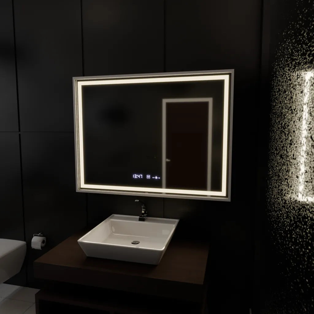 Négyszögletű LED-es tükör, 80x60 cm, Verite Imperial Silver Motion Glow Marcello, páramentesítő rendszer, óra és hőmérő, szabályozható tükrök Marcello alapértelmezett cím Alessandro Design