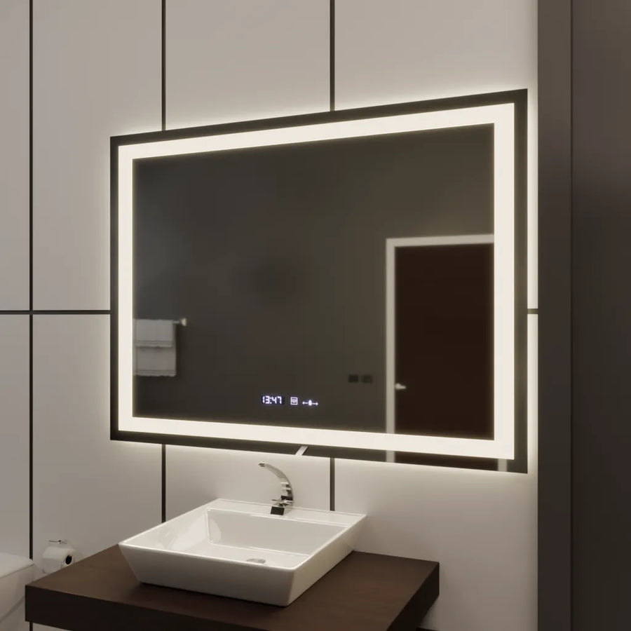 Négyszögletű LED-es tükör 120x80cm Vérité MotionGlow Marcello, páramentesítő rendszer, óra és hőmérő, szabályozható tükrök Marcello alapértelmezett cím Alessandro Design
