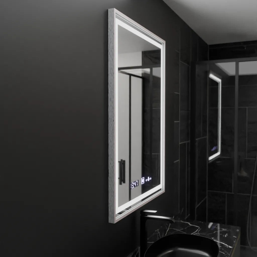 Négyszögletű LED-es tükör, 60x80 cm, Verite Imperial Silver Motion Glow Marcello, páramentesítő rendszer, óra és hőmérő, szabályozható tükrök Marcello alapértelmezett cím Alessandro Design