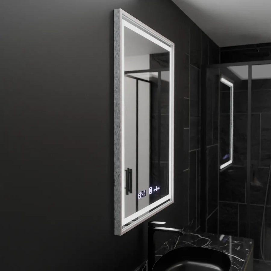 Négyszögletű LED-es tükör, 60x80 cm, Verite Imperial Silver Motion Glow Marcello, páramentesítő rendszer, óra és hőmérő, szabályozható tükrök Marcello alapértelmezett cím Alessandro Design