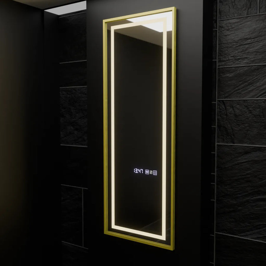 Téglalap alakú LED-es tükör, 45x140 cm, Elena Marcello radarérzékelő, páramentesítő rendszer, óra és hőmérő, Dimabila, öltözködési Couture öltözőtükrök alapértelmezett cím Alessandro Design