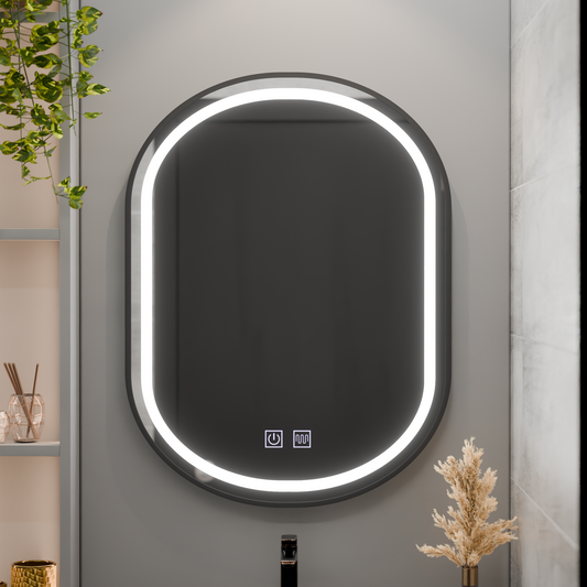 Ovális LED tükör 50x80cm VETRO Touch szabályozható páramentesítő rendszer, fekete keret Korman Mirrors E Alapértelmezett cím Alessandro Design