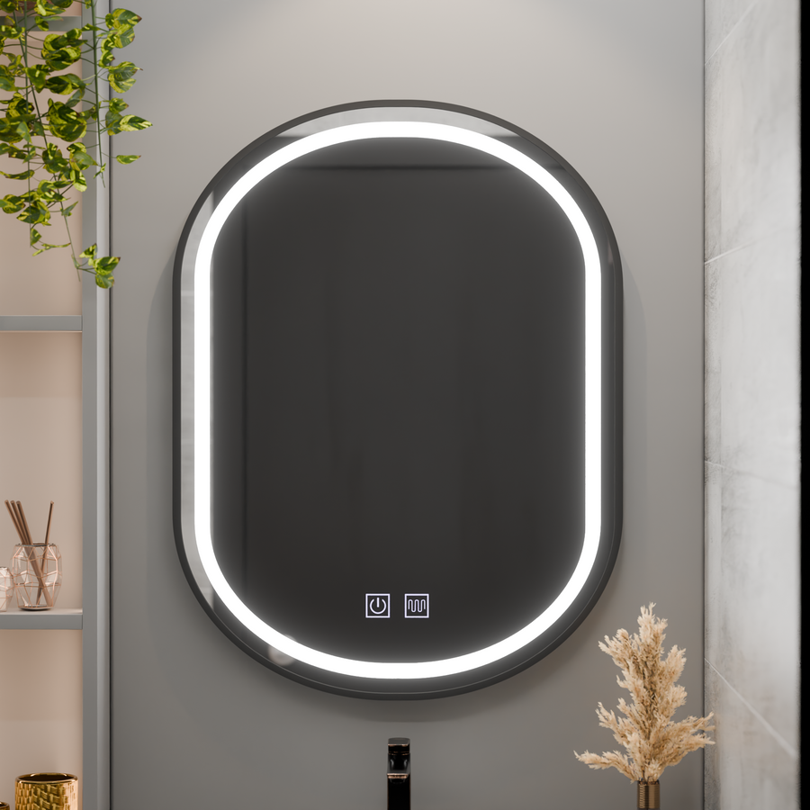 Ovális LED tükör 50x80cm VETRO Touch szabályozható páramentesítő rendszer, fekete keret Korman Mirrors E Alapértelmezett cím Alessandro Design