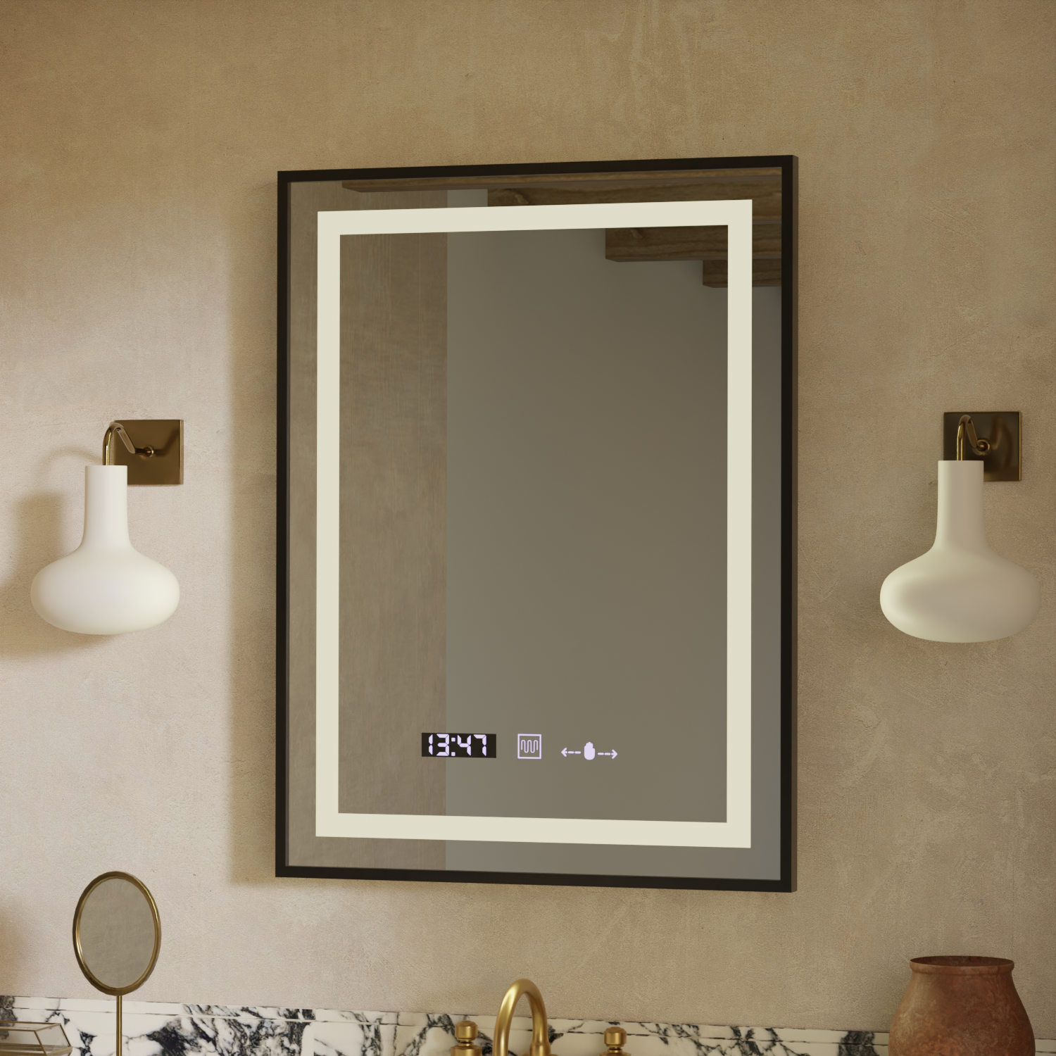 Négyszögletű LED-es tükör, 50x70 cm, Verite Majeste Noir Motion Glow Marcello, páramentesítő rendszer, óra és hőmérő, szabályozható tükrök Marcello alapértelmezett cím Alessandro Design