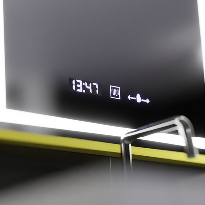 Négyszögletű LED-es tükör, 50x70 cm, Verite Royale Gold Motion Glow Marcello, páramentesítő rendszer, óra és hőmérő, szabályozható tükrök Marcello alapértelmezett cím Alessandro Design