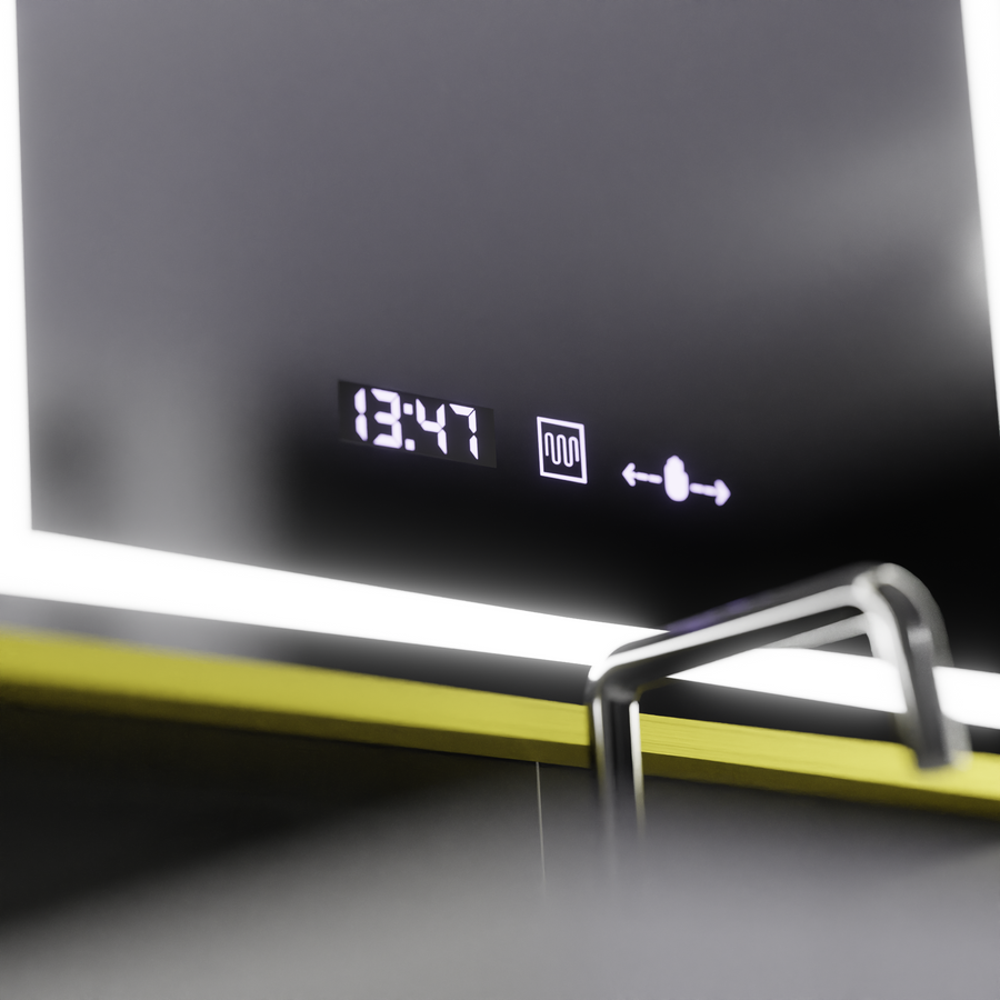 Négyszögletű LED-es tükör, 50x70 cm, Verite Royale Gold Motion Glow Marcello, páramentesítő rendszer, óra és hőmérő, szabályozható tükrök Marcello alapértelmezett cím Alessandro Design