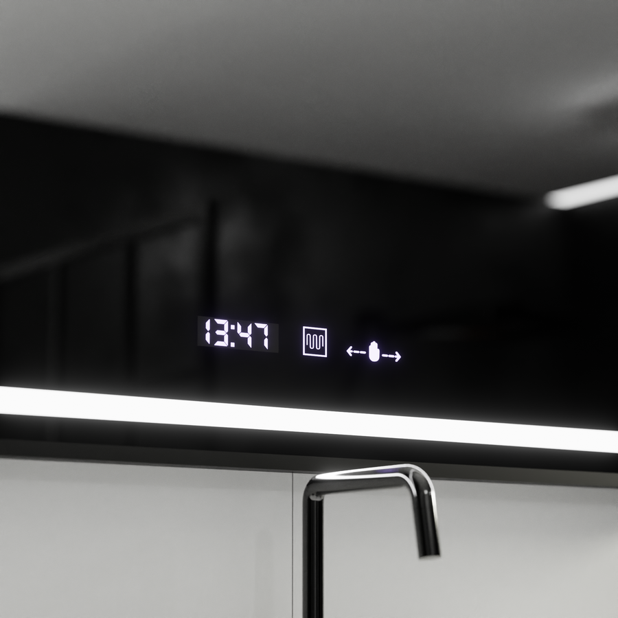 Négyszögletű LED-es tükör, 120x80 cm, Verite Majeste Noir Motion Glow Marcello, páramentesítő rendszer, óra és hőmérő, szabályozható tükrök Marcello alapértelmezett cím Alessandro Design