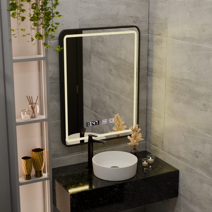Mirror LED Touch LUCIDA páramentesítő rendszer, óra és hőmérséklet 50x70 cm keret Fekete csiszolt tükrök Korman S alapértelmezett cím Alessandro Design