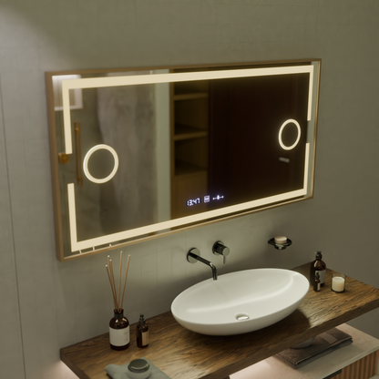 LED tükör MotionGlow Sofia érzékelő páramentesítő funkcióval Hőmérő óra 110x65 cm meleg/hideg/semleges fény szabályozható, rózsa arany keret, Marcello Funghi kollekció Marcello tükrök alapértelmezett cím Alessandro Design