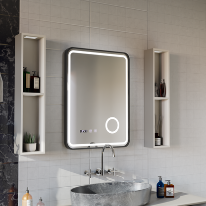 Ulrich LED Touch Mirror páramentesítő rendszer, óra és hőmérséklet 75x90 cm fekete keret szálcsiszolt kozmetikai nagyító tükrök Korman S alapértelmezett cím Alessandro Design