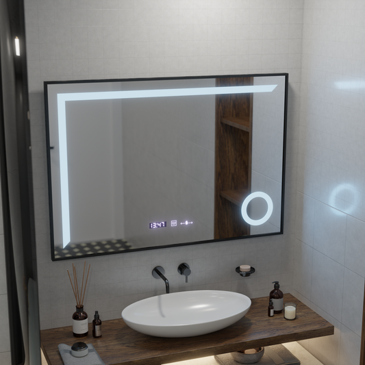 Oglinda LED Senzor MotionGlow Sofia cu functie Dezaburire Termometru Ceas 110x75 cm Lumina Calda/Rece/Neutra Dimabila,Rama Negru Brushed, Colectia Marcello Funghi Oglinzi Marcello Default Title Alessandro Design