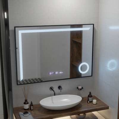 LED -érzékelő mozgásgátló Sofia érzékelő leolvasztási funkcióval, hőmérő 110x75 cm meleg/hideg fény/neutra méretű, fekete kefe keret, marcello funghi kollekció