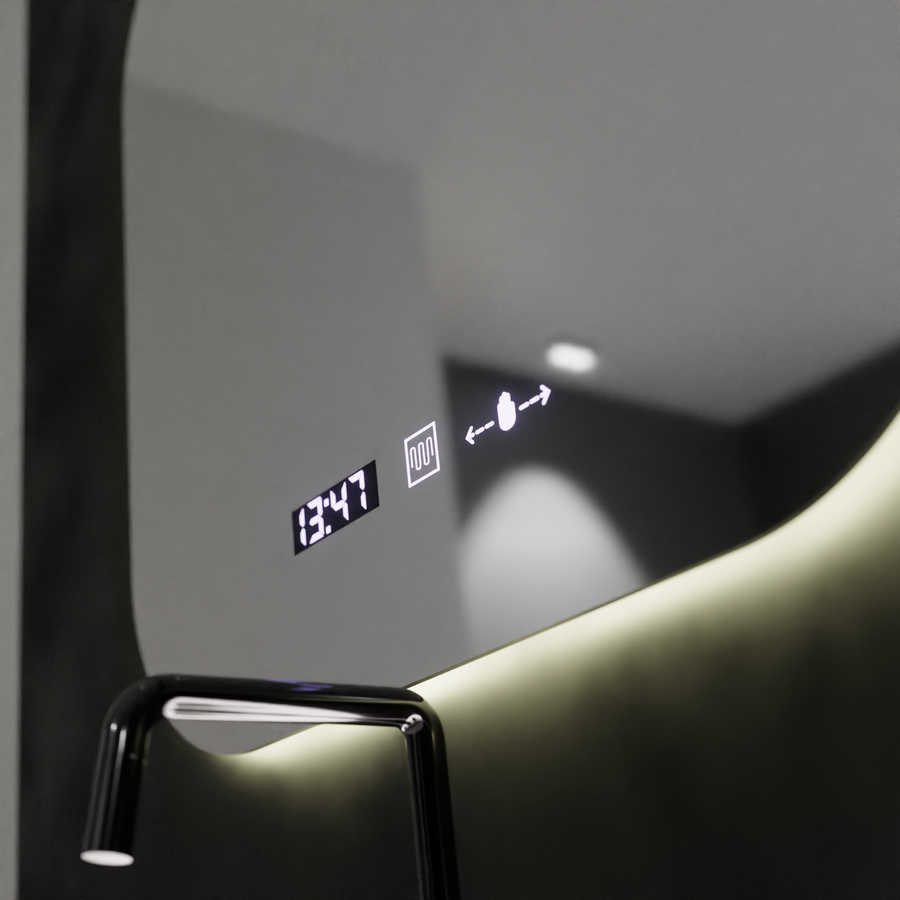 Négyszögletű LED-es tükör 60x60 Aura Riflesso Puro MotionGlow Marcello, Páramentesítő rendszer, hőmérő és óra, szabályozható tükrök Marcello Alapértelmezett cím Alessandro Design
