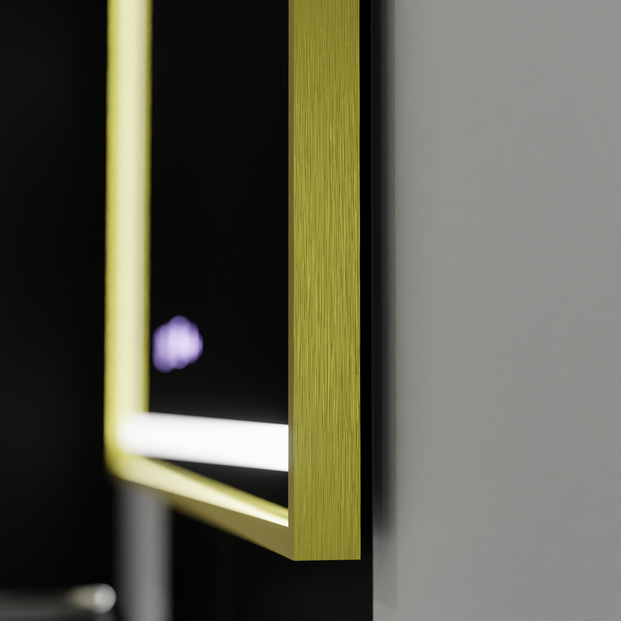 Négyszögletű LED-es tükör, 120x80 cm, Verite Royale Gold MotionGlow Marcello, páramentesítő rendszer, óra és hőmérő, szabályozható tükrök Marcello alapértelmezett cím Alessandro Design