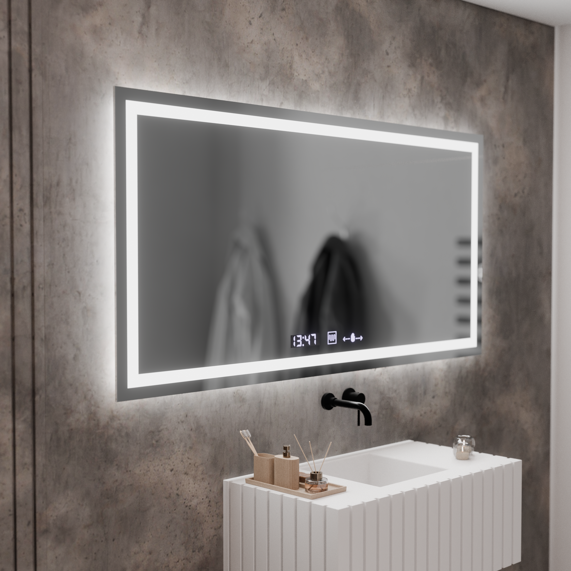Négyszögletű LED-es tükör, 120x60 cm, Verite MotionGlow Marcello, páramentesítő rendszer, óra és hőmérő, szabályozható tükrök Marcello alapértelmezett cím Alessandro Design