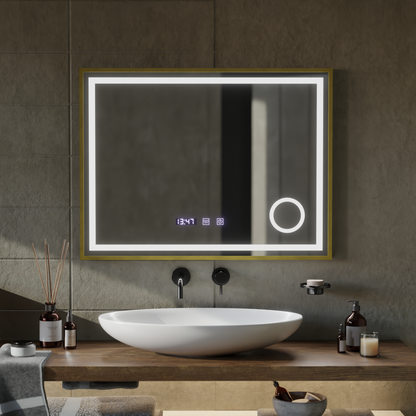 LED érintőképernyős CLARUS tükör páramentesítő rendszer, óra és hőmérséklet 80x60 cm arany keretben csiszolt kozmetikai nagyító tükrök Korman S alapértelmezett cím Alessandro Design