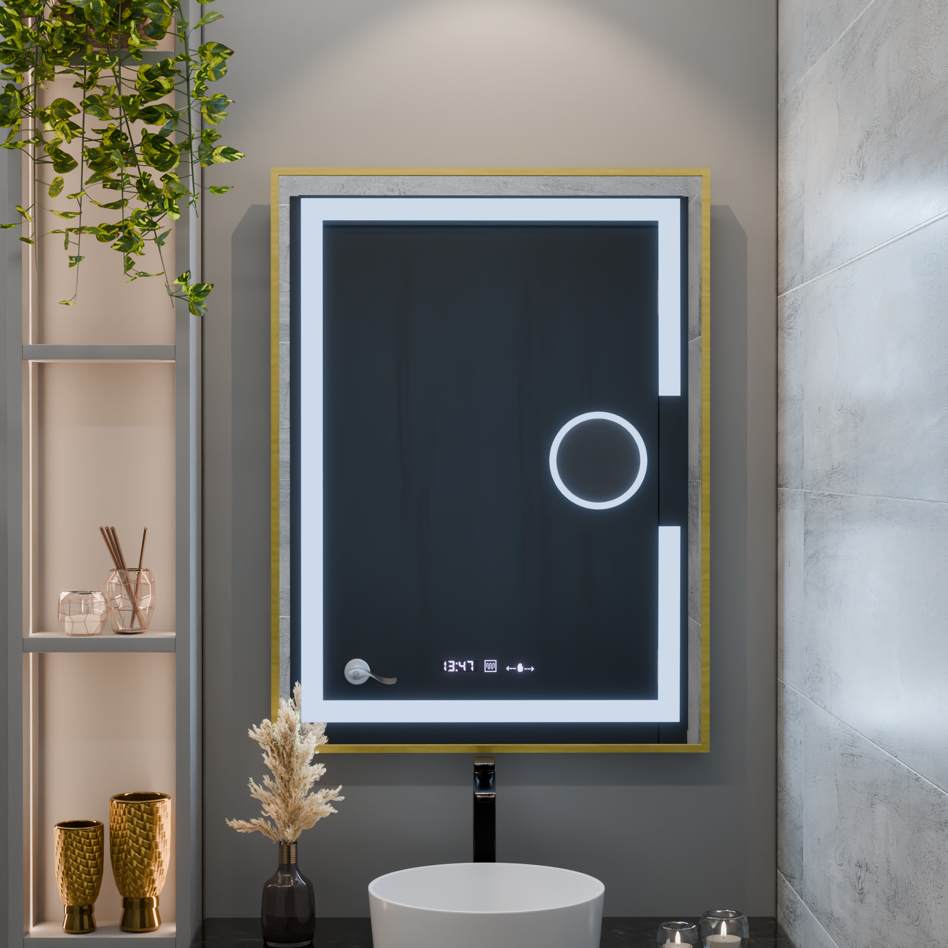 Oglinda LED Rectangulara, 60x80cm, Eclat MotionGlow Marcello, Sistem Dezaburire, Ceas & Termometru, Lupa Cosmetica, Dimabila, Rama Auriu Brushed Oglinzi Marcello Default Title Alessandro Design