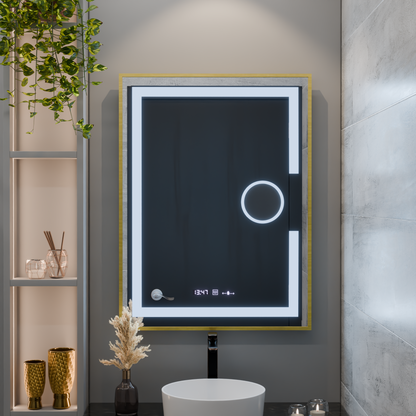 Oglinda LED Rectangulara, 60x80cm, Eclat MotionGlow Marcello, Sistem Dezaburire, Ceas & Termometru, Lupa Cosmetica, Dimabila, Rama Auriu Brushed Oglinzi Marcello Default Title Alessandro Design