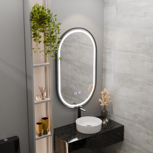 Ovális LED-es tükör 50x100cm VETRO Touch fényerő-mentesítő páramentesítő rendszer, fekete keret Korman Mirrors E Alapértelmezett cím Alessandro Design