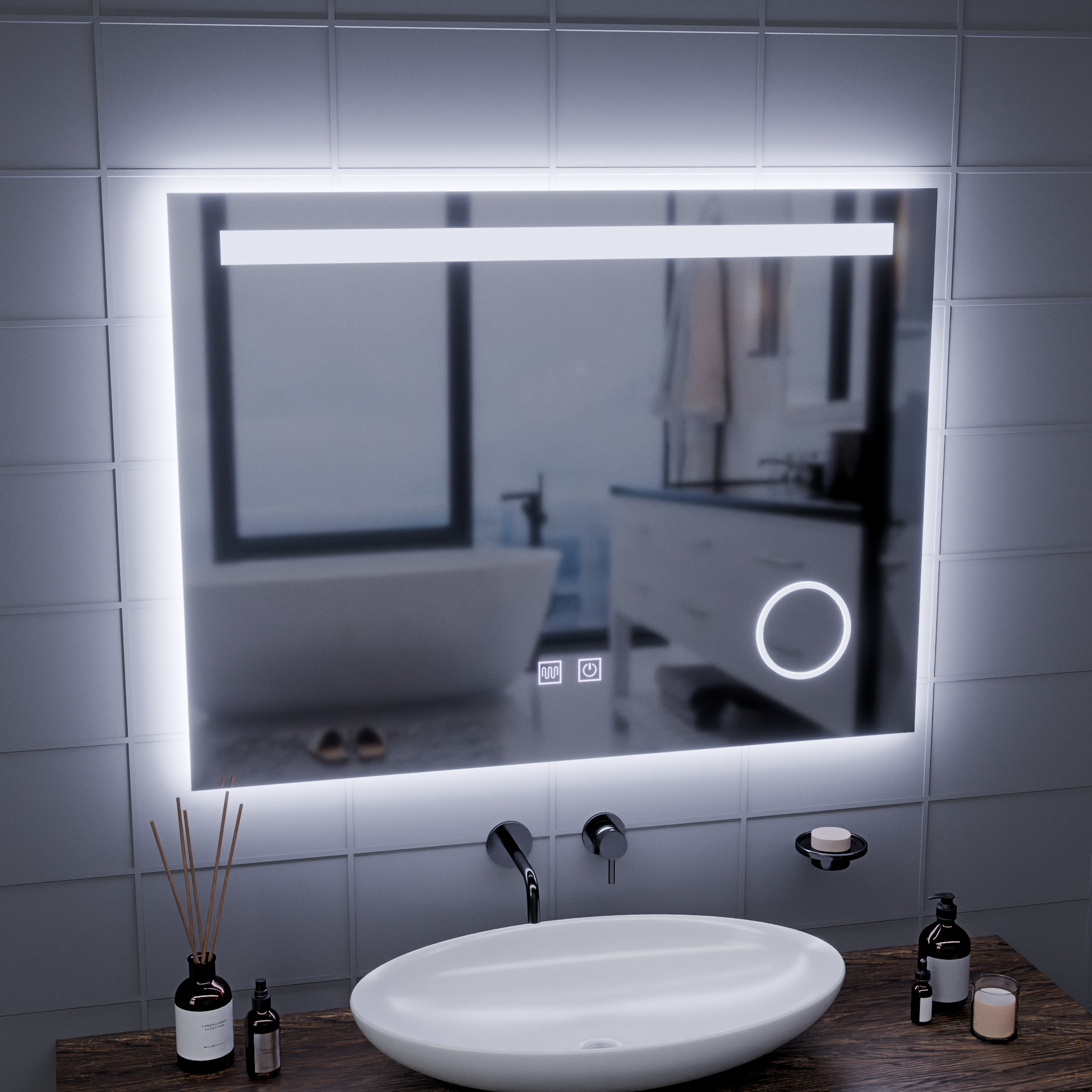 Téglalap alakú LED-es tükör, 80x60 cm, zongoraérintéses, páramentesítő rendszer, szabályozható, hideg fényű 6000K tükrök Korman E alapértelmezett cím Alessandro Design