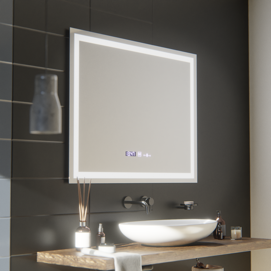 Négyszögletű LED-es tükör, 100x75 cm, Verite MotionGlow Marcello, páramentesítő rendszer, óra és hőmérő, szabályozható Marcello tükrök alapértelmezett cím Alessandro Design