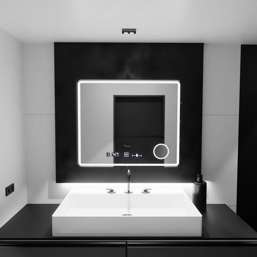 Négyszögletű LED-es tükör, 80x60 cm, Riflesso MotionGlow Marcello, páramentesítő rendszer, óra és hőmérő, kozmetikai nagyító, szabályozható Marcello tükrök alapértelmezett cím Alessandro Design