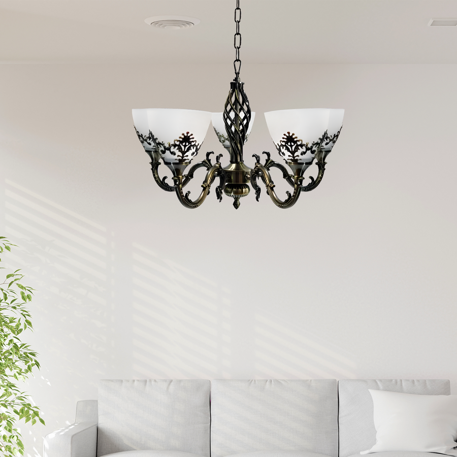 Rusztikus csillár COTTAGE, 5XE27, antik bronz, fém és üveg klasszikus kandeláber, alapértelmezett cím Alessandro Design
