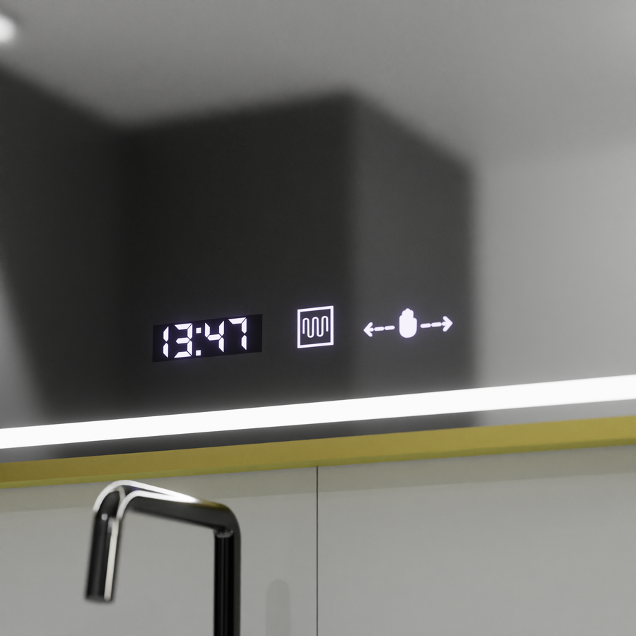 Téglalap alakú LED-es tükör, 80x60 cm, Verite Royale Gold MotionGlow Marcello, páramentesítő rendszer, óra és hőmérő, szabályozható tükrök Marcello alapértelmezett cím Alessandro Design