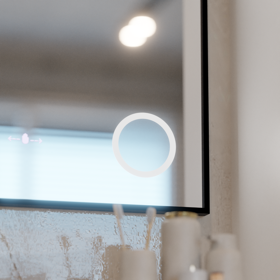 LED-es tükör MotionGlow Sofia érzékelő páramentesítő funkcióval Hőmérő óra 110x75 cm szabályozható meleg/hideg/semleges fény, szálcsiszolt fekete keret, Marcello Funghi kollekció Marcello tükrök alapértelmezett cím Alessandro Design
