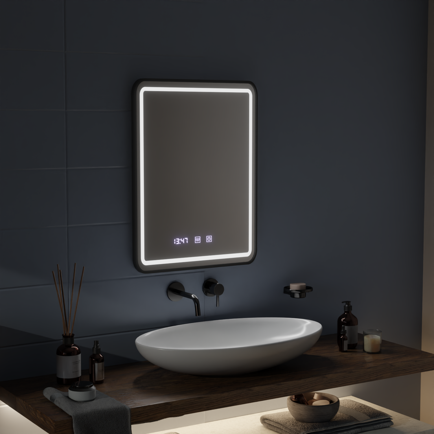 Mirror LED Touch LUCIDA páramentesítő rendszer, óra és hőmérséklet 60x80 cm keret Fekete csiszolt tükrök Korman S alapértelmezett cím Alessandro Design