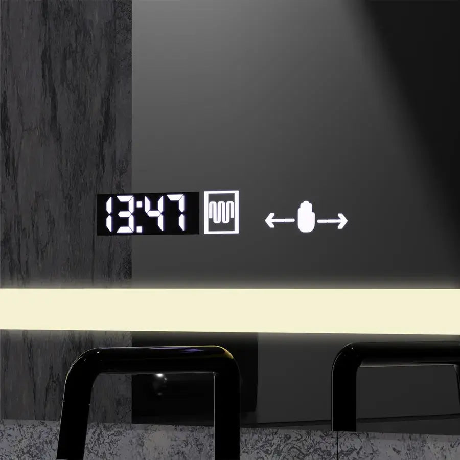 Négyszögletű LED-es tükör, 80x60 cm, Definition MotionGlow Marcello, páramentesítő rendszer, óra és hőmérő, kozmetikai nagyító, szabályozható tükrök Marcello alapértelmezett cím Alessandro Design