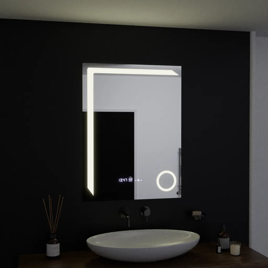 Négyszögletű LED-es tükör, 60x80 cm, Precision MotionGlow Marcello, páramentesítő rendszer, óra és hőmérő, kozmetikai nagyító, szabályozható tükrök Marcello alapértelmezett cím Alessandro Design