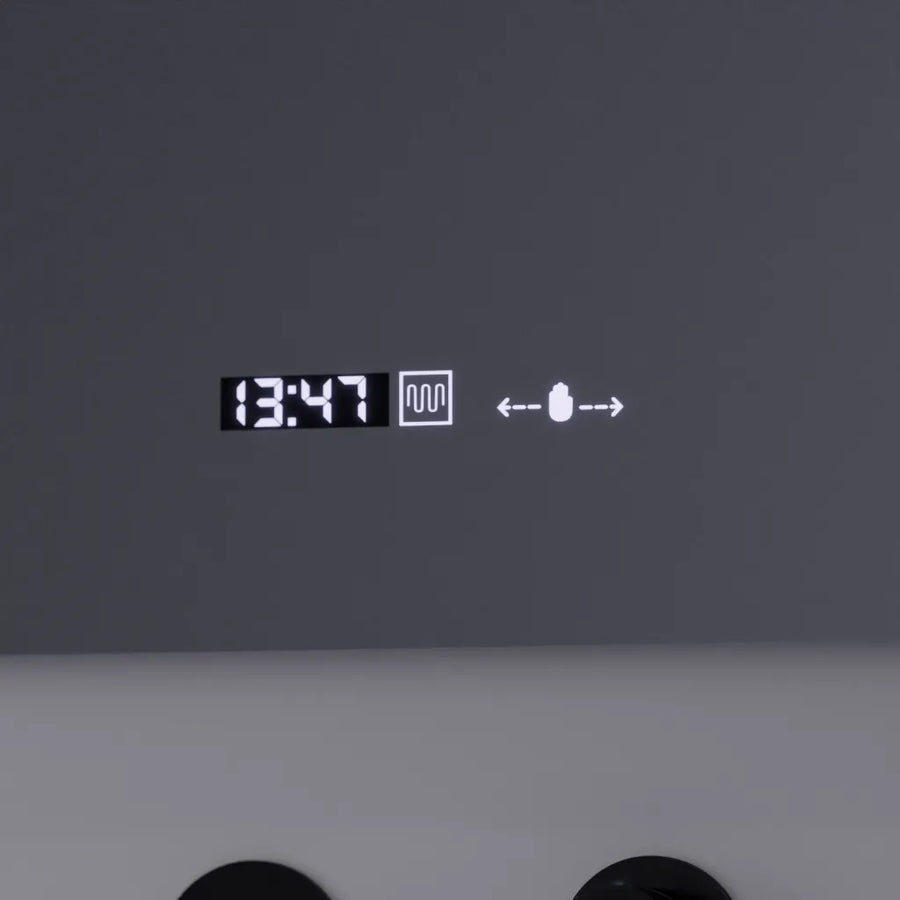 Négyszögletű LED-es tükör, 80x60 cm, Precision MotionGlow Marcello, páramentesítő rendszer, óra és hőmérő, kozmetikai nagyító, szabályozható Marcello tükrök alapértelmezett cím Alessandro Design